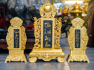 Bộ Ba Bài Vị Bằng Đồng Dát Vàng 9999 Thờ Thần Linh, Gia Tiên