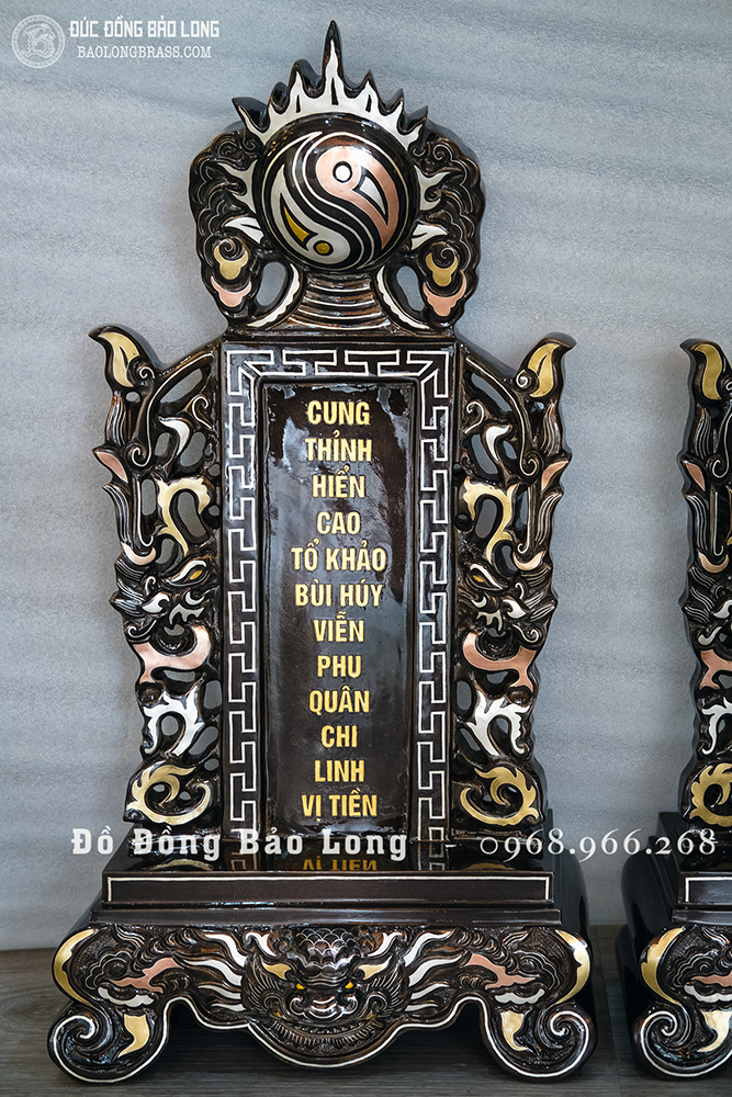 Bài Vị Đúc Đồng Đỏ Khảm Ngũ Sắc Cao 48Cm