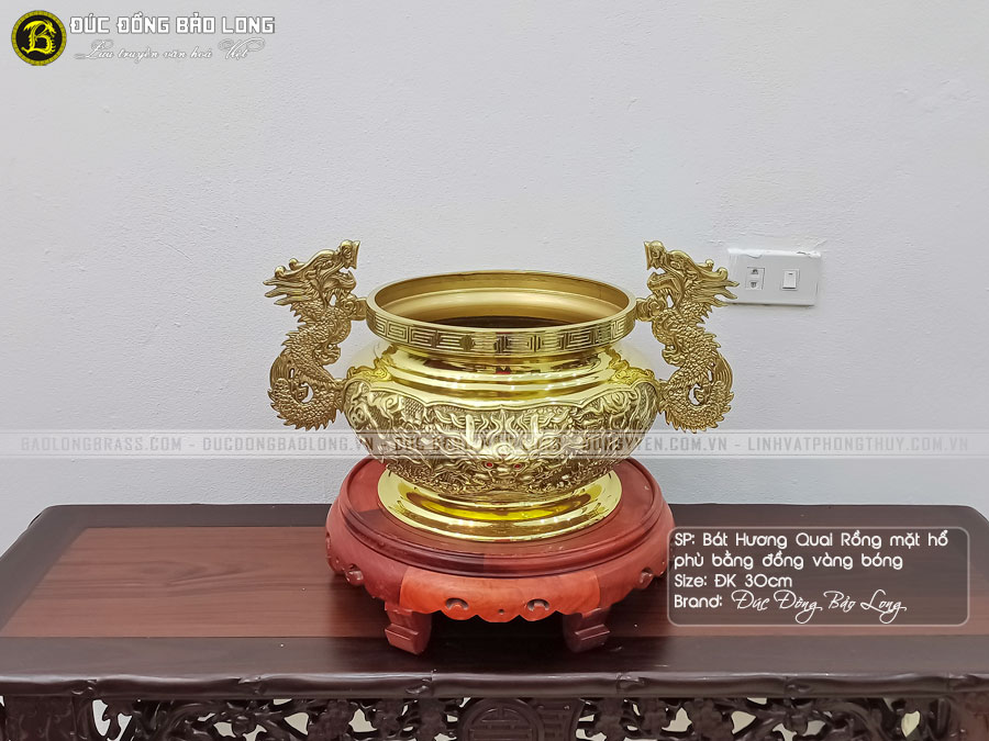 Bát hương tai Rồng bằng đồng thau màu vàng bóng đường kính 30cm