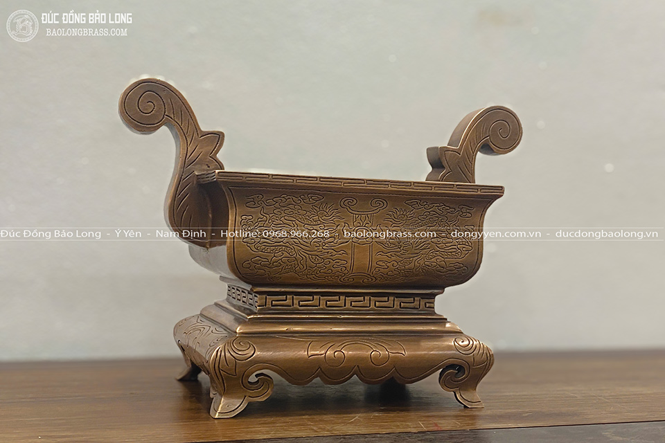 Bát Hương Đồng Chữ Nhật Bằng Đồng Đỏ Màu Trầm Cổ Cỡ 20Cm, Cỡ 25Cm