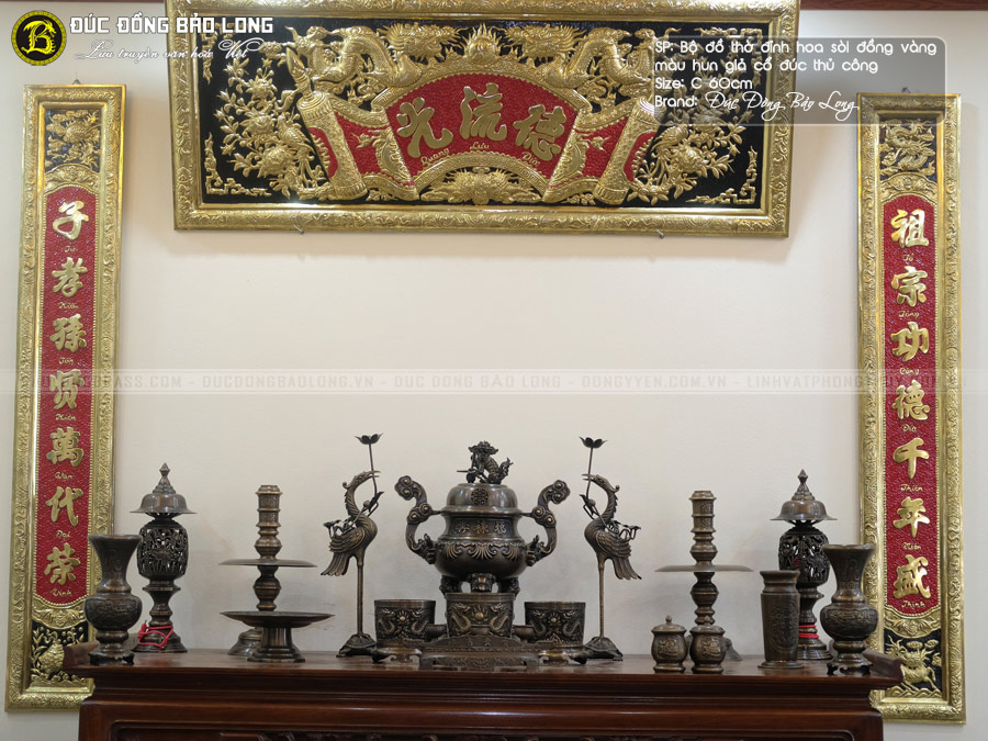 Bộ đồ thờ Đỉnh Hoa Sòi bằng đồng vàng 60cm