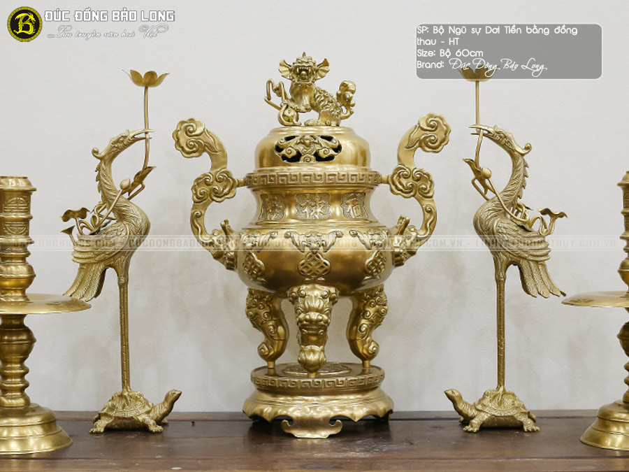 Bộ ngũ sự đỉnh dơi tiền bằng đồng thau màu vàng mộc cao 60cm