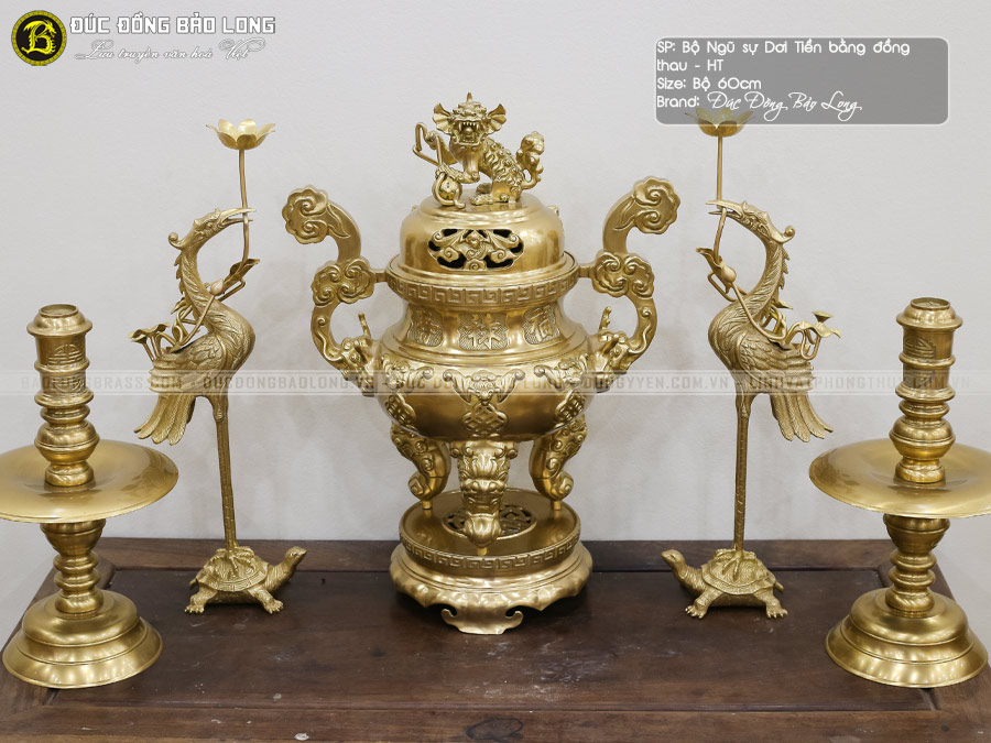 Bộ ngũ sự đỉnh dơi tiền bằng đồng thau màu vàng mộc cao 60cm