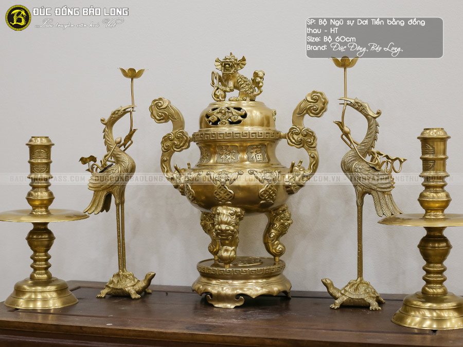 Bộ ngũ sự đỉnh dơi tiền bằng đồng thau màu vàng mộc cao 60cm