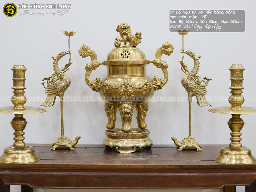 Bộ ngũ sự đỉnh dơi tiền cổ trơn bằng đồng thau màu vàng mộc bộ 60cm
