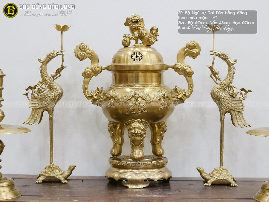 Bộ ngũ sự đỉnh dơi tiền cổ trơn bằng đồng thau màu vàng mộc cao 60cm