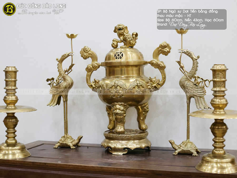 Bộ ngũ sự đỉnh dơi tiền cổ trơn bằng đồng thau màu vàng mộc cao 60cm