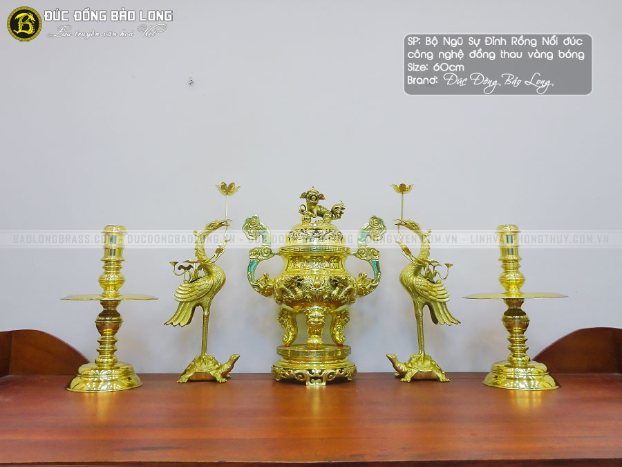 Bộ Ngũ Sự Đỉnh Rồng Nổi Đúc Công Nghệ Màu Vàng Bóng Cao 60cm 2 Bộ ngũ sự đỉnh Rồng đúc công nghệ màu vàng bóng cao 60cm