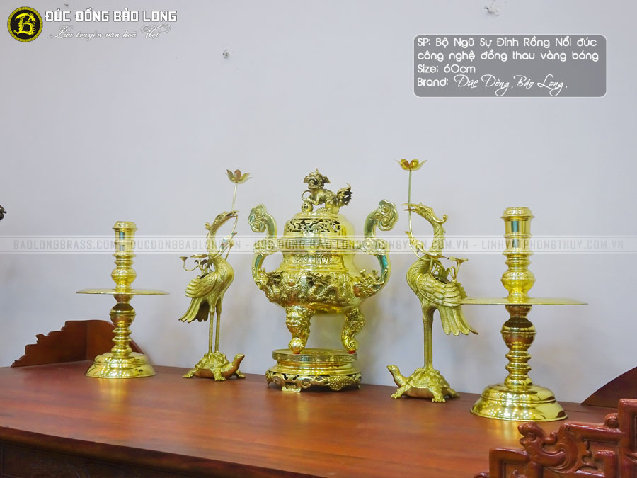 Bộ Ngũ Sự Đỉnh Rồng Nổi Đúc Công Nghệ Màu Vàng Bóng Cao 60cm 5 bộ ngũ sự đỉnh Rồng Nổi đúc công nghệ cao 60cm