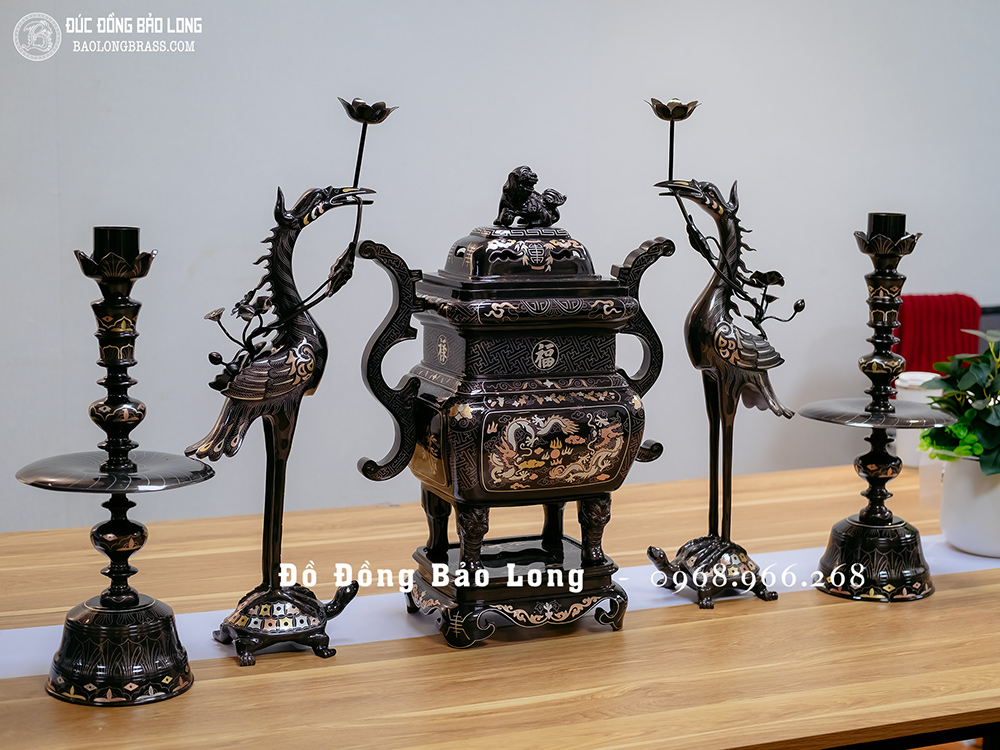 Bộ Ngũ Sự Đỉnh Vuông Bằng Đồng Khảm Tam Khí Cao 60Cm