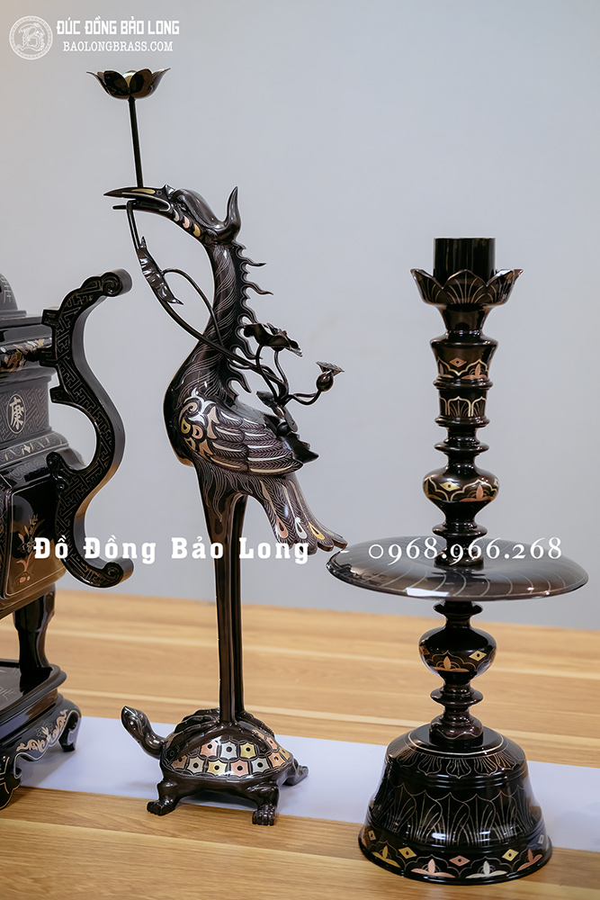 Bộ Ngũ Sự Đỉnh Vuông Bằng Đồng Khảm Tam Khí Cao 60Cm