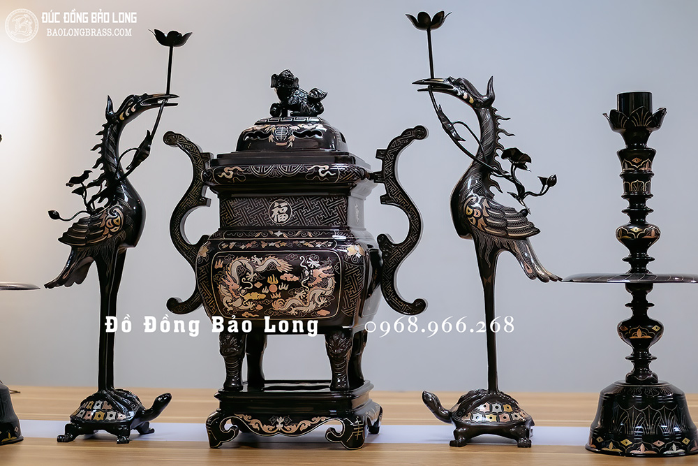 Bộ Ngũ Sự Đỉnh Vuông Bằng Đồng Khảm Tam Khí Cao 60Cm