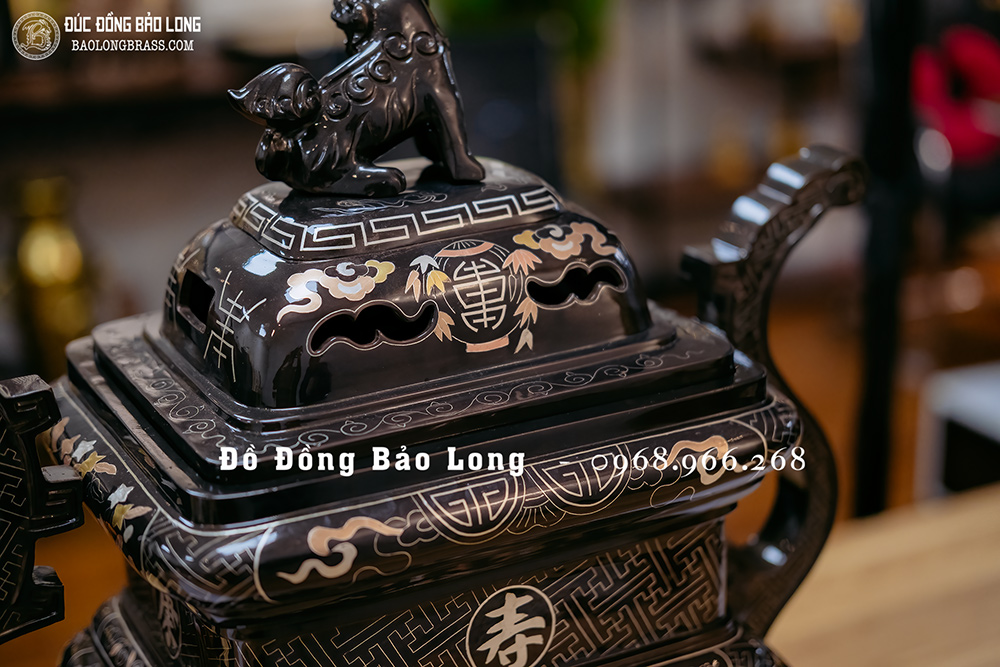 Bộ Ngũ Sự Đỉnh Vuông Bằng Đồng Khảm Tam Khí Cao 60Cm