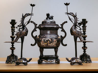 Bộ Ngũ Sự Đỉnh Vuông Bằng Đồng Khảm Tam Khí Cao 60Cm