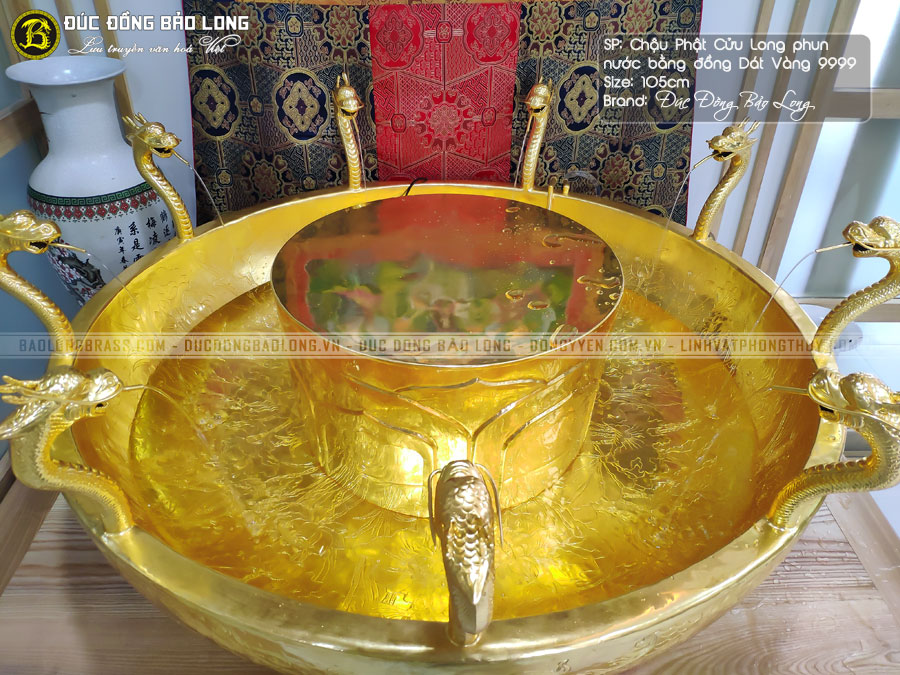 Chậu Phật Cửu Long Phun Nước Bằng Đồng Dát Vàng 9999