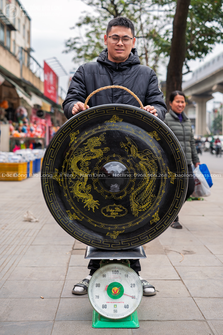 chiêng đồng chạm hoa văn rồng phượng đk 80cm