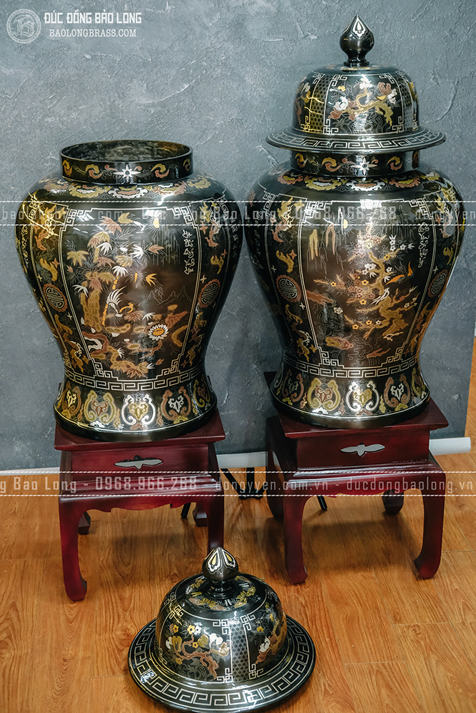Đôi Chóe Bằng Đồng Khảm Ngũ Sắc Cảnh Tứ Quý Cao 81cm
