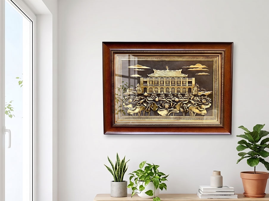Tranh Bến Nhà Rồng Bằng Đồng Màu Giả Cổ Khổ 40cm x 55cm