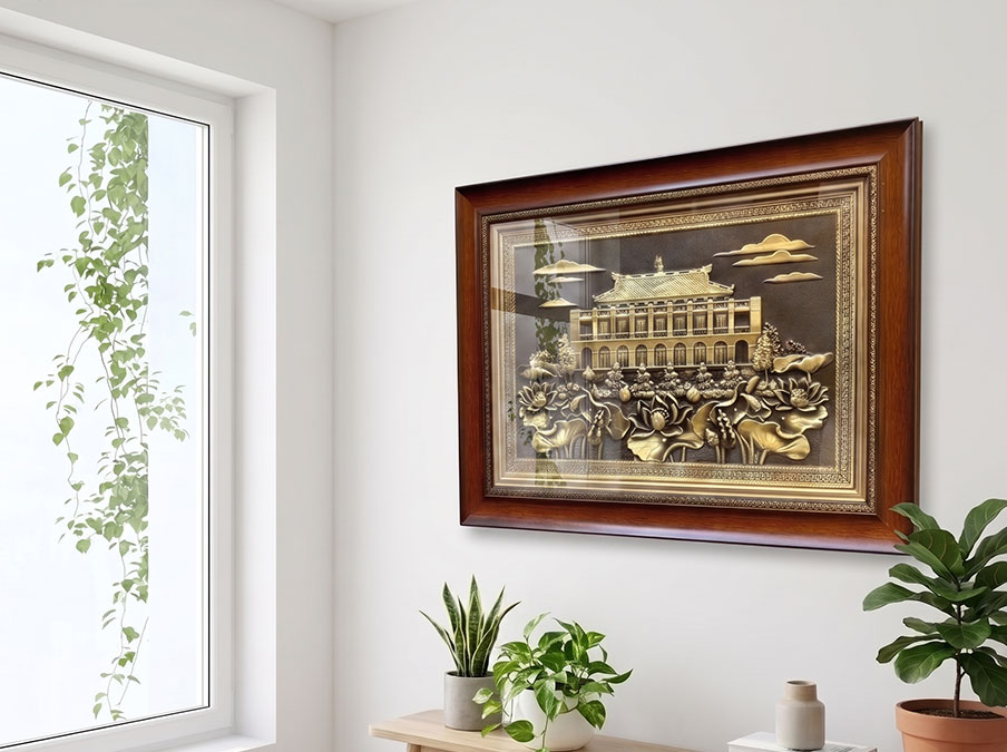 Tranh Bến Nhà Rồng Bằng Đồng Màu Giả Cổ Khổ 40cm x 55cm