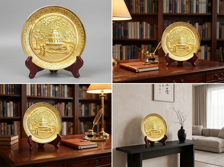 Tranh Đĩa Tròn Tháp Rùa Hồ Gươm để bàn bằng đồng dát vàng đk 25cm