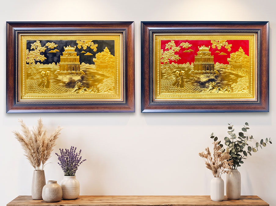 Tranh Tháp Rùa Hồ Gươm Bằng Đồng dát vàng