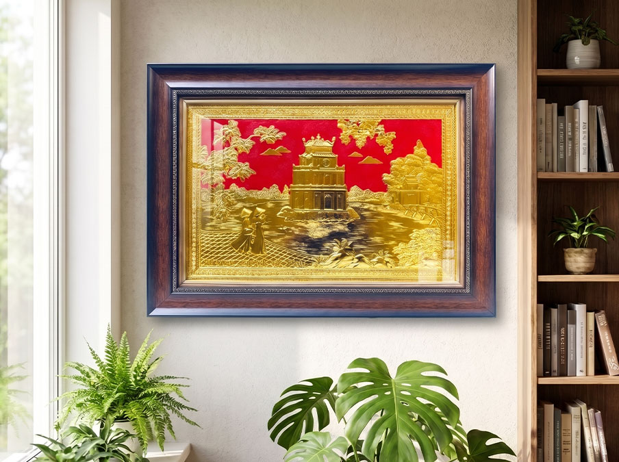 Tranh Tháp Rùa Hồ Gươm Bằng Đồng dát vàng