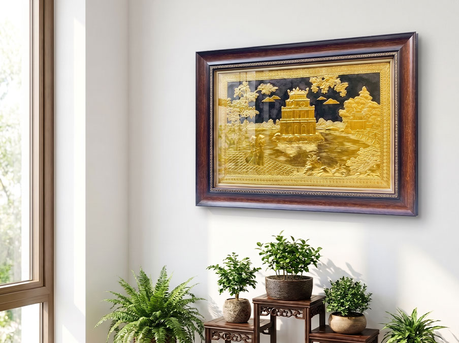 Tranh Tháp Rùa Hồ Gươm Bằng Đồng dát vàng