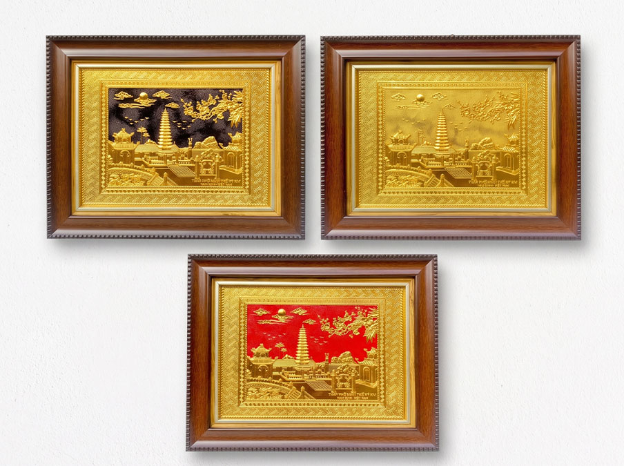 Tranh Tháp Phổ Minh Bằng Đồng Dát Vàng Khổ 28cm x 34cm
