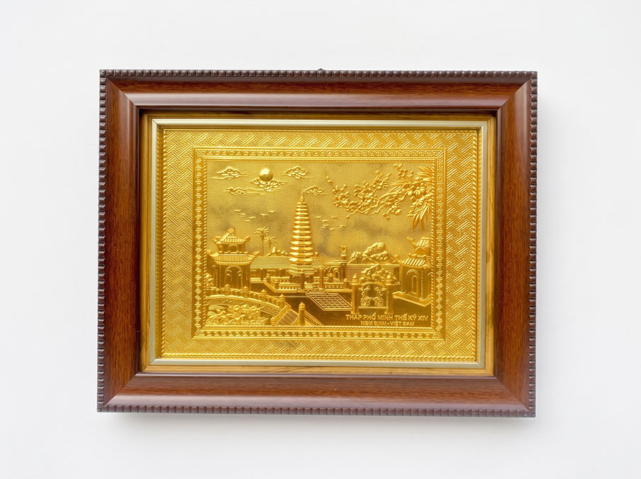 Tranh Tháp Phổ Minh Bằng Đồng Dát Vàng Khổ 28cm x 34cm