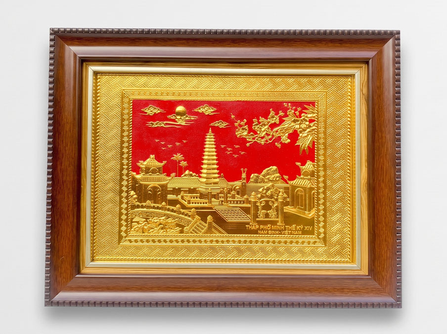 Tranh Tháp Phổ Minh Bằng Đồng Dát Vàng Khổ 28cm x 34cm