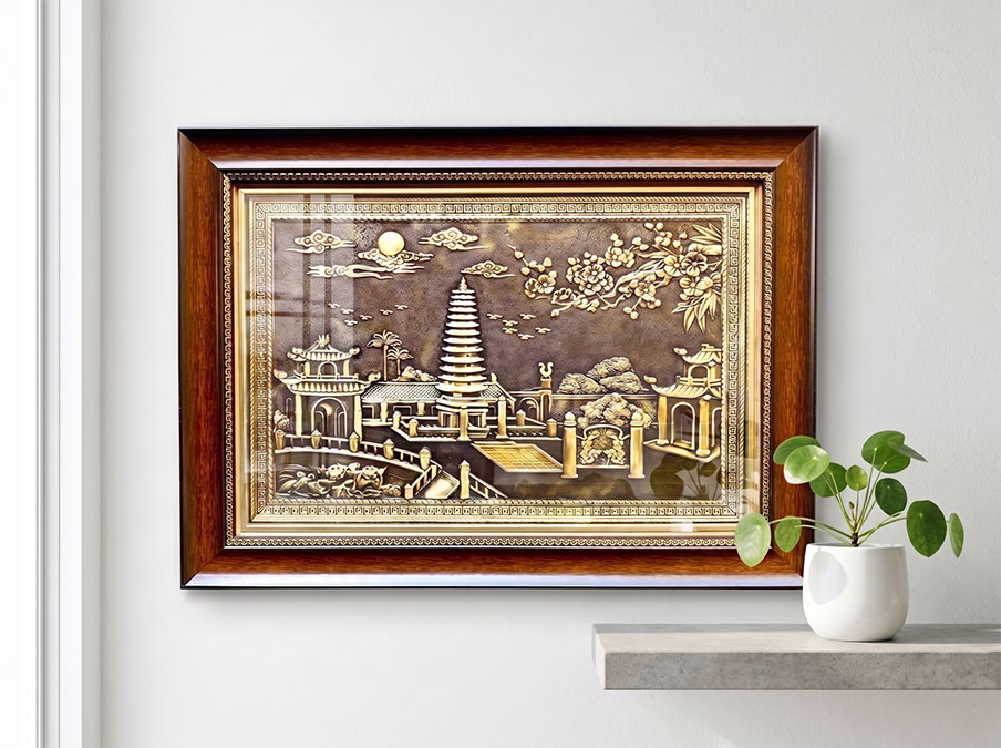 Tranh Tháp Phổ Minh Bằng Đồng Vàng Giả Cổ Khổ 40cm x 55cm
