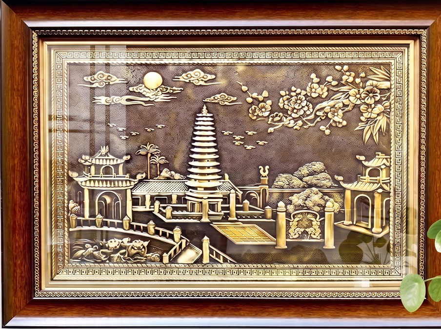 Tranh Tháp Phổ Minh Bằng Đồng Vàng Giả Cổ Khổ 40cm x 55cm