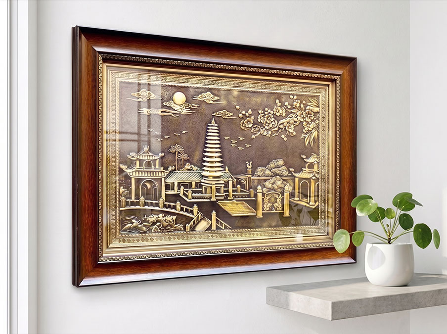 Tranh Tháp Phổ Minh Bằng Đồng Vàng Giả Cổ Khổ 40cm x 55cm