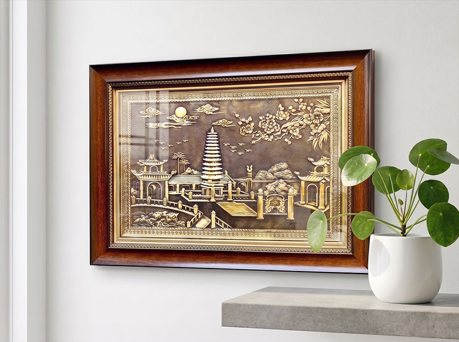Tranh Tháp Phổ Minh Bằng Đồng Vàng Giả Cổ Khổ 40cm x 55cm