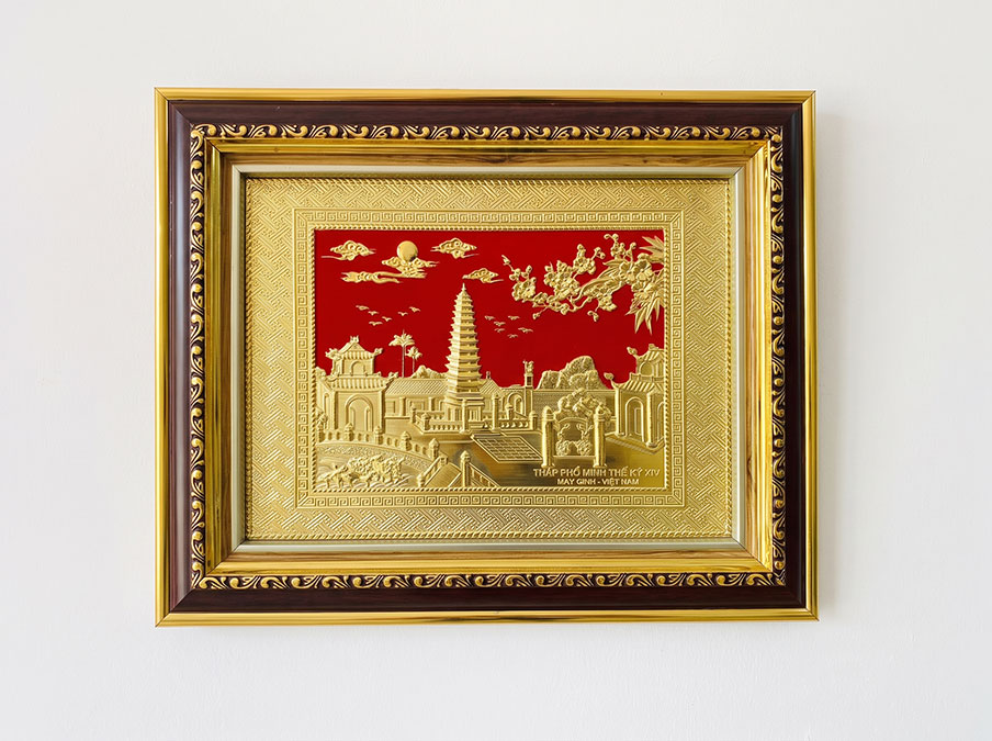 Tranh tháp Phổ Minh bằng đồng vàng khổ 28cm x 34cm