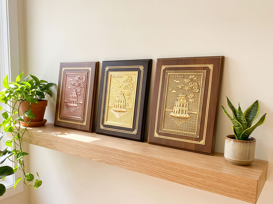 Quà Tặng Tranh Tháp Rùa Hồ Gươm Bằng Đồng Khổ Dọc Để Bàn 20cm x 25cm