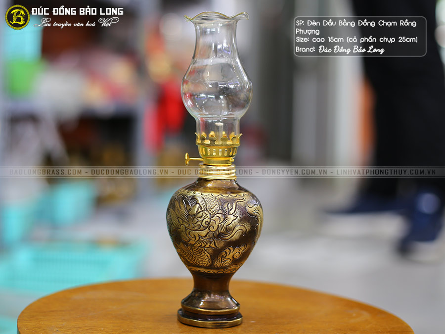 đèn dầu bằng đồng chạm rồng phượng cao 15cm