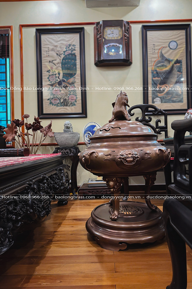 đỉnh đồng dơi ngũ phúc đúc thủ công màu đồng trầm cổ cao 1m07