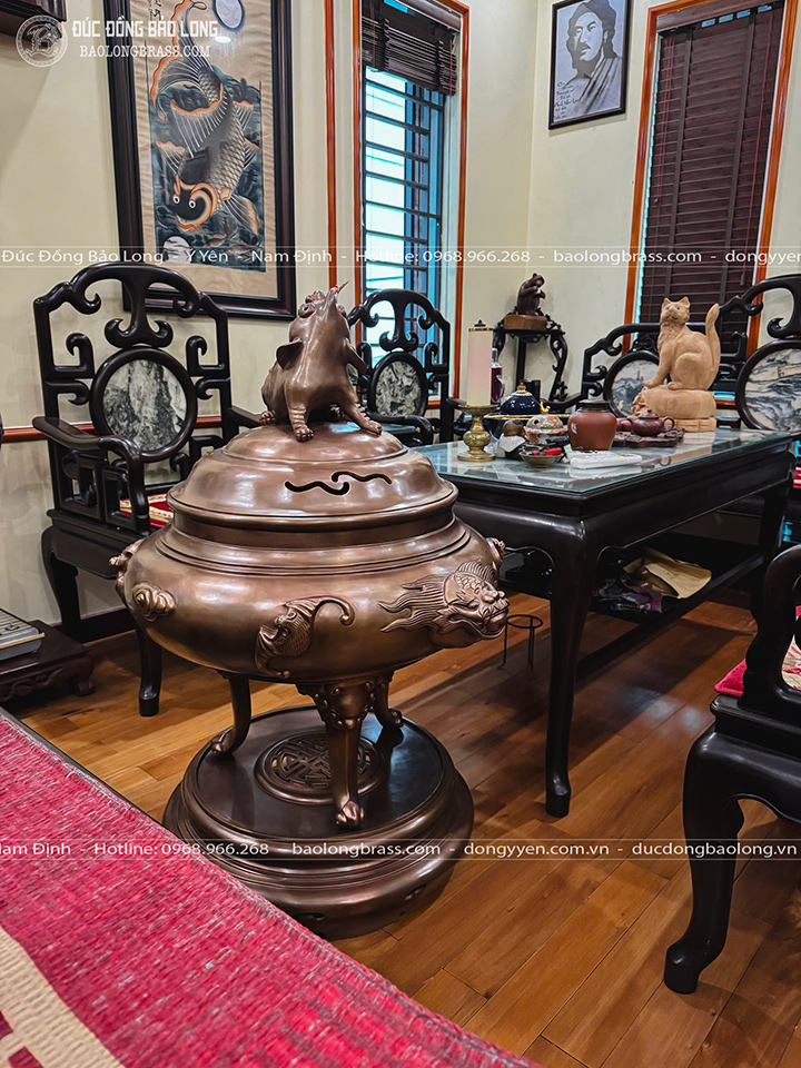 đỉnh đồng dơi ngũ phúc đúc thủ công màu đồng trầm cổ cao 1m07