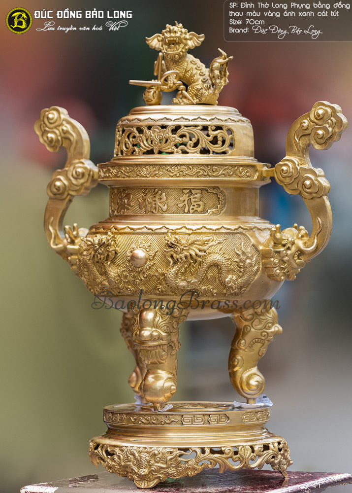 đỉnh thờ rồng phượng bằng đồng đúc nổi màu vàng mộc 70cm
