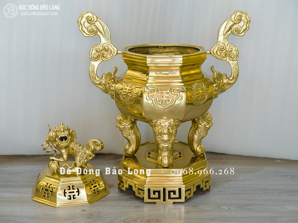 Đỉnh Bát Giác Bằng Đồng Vàng Catut Cao 70Cm