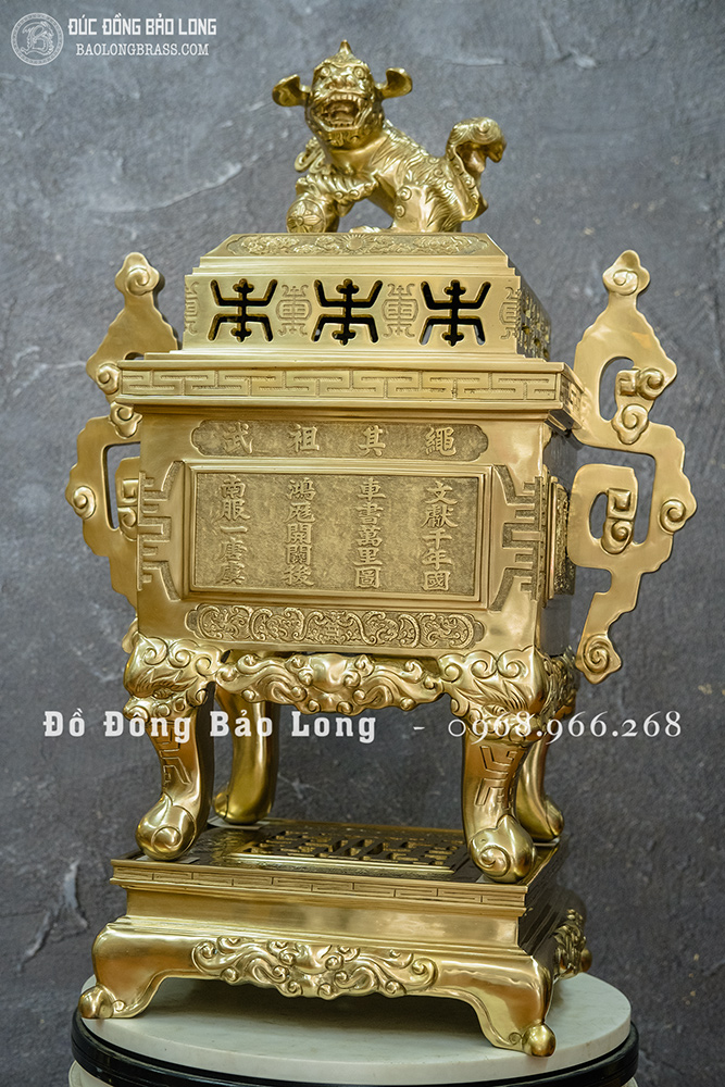 Đỉnh Đồng Thờ Cúng Mẫu Vuông Đúc Nổi Bài Thơ Bằng Đồng Catut Cao 60cm