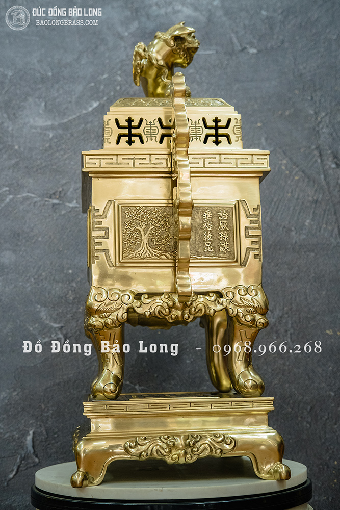 Đỉnh Đồng Thờ Cúng Mẫu Vuông Đúc Nổi Bài Thơ Bằng Đồng Catut Cao 60cm