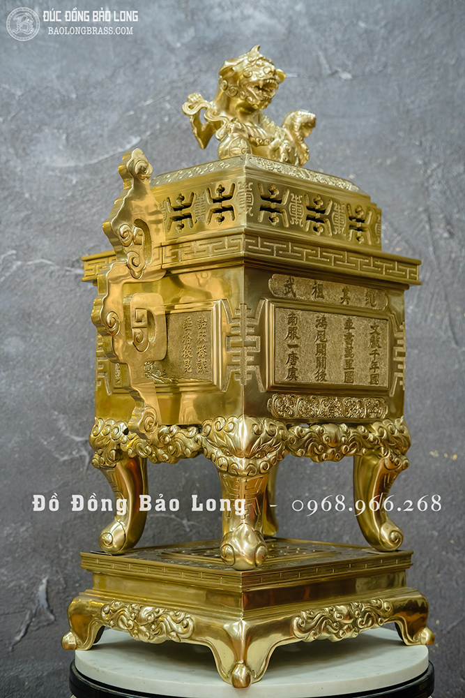 Đỉnh Đồng Thờ Cúng Mẫu Vuông Đúc Nổi Bài Thơ Bằng Đồng Catut Cao 60cm