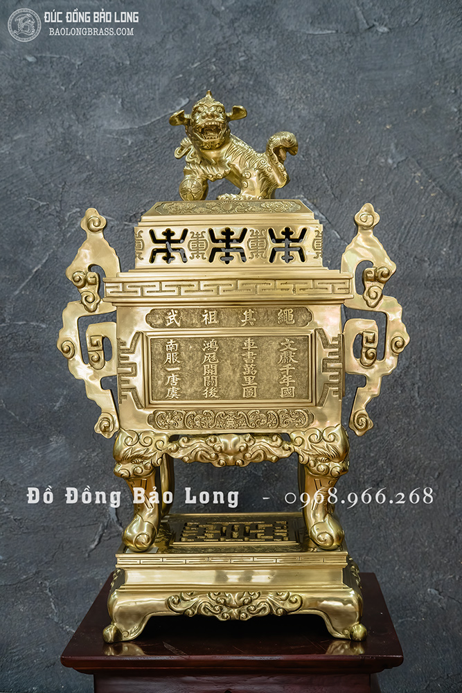Đỉnh Đồng Thờ Cúng Mẫu Vuông Đúc Nổi Bài Thơ Bằng Đồng Catut Cao 60cm