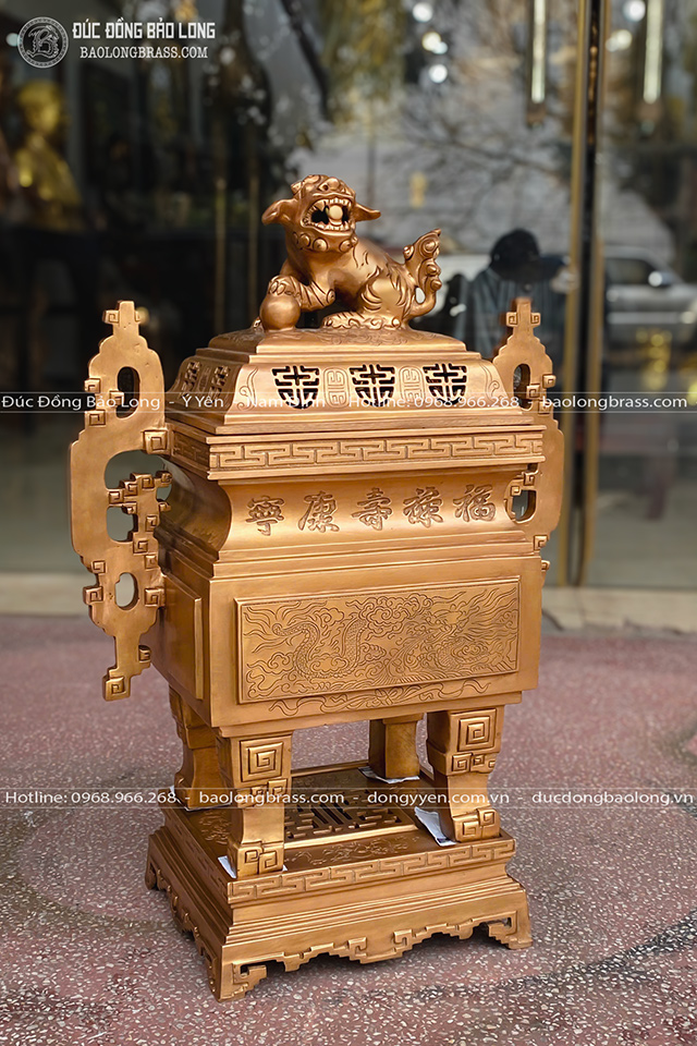 Đỉnh Đồng Vuông Tai Chiên Chạm Rồng Phượng Bằng Đồng Đỏ Màu Trầm Cổ Cao 60Cm