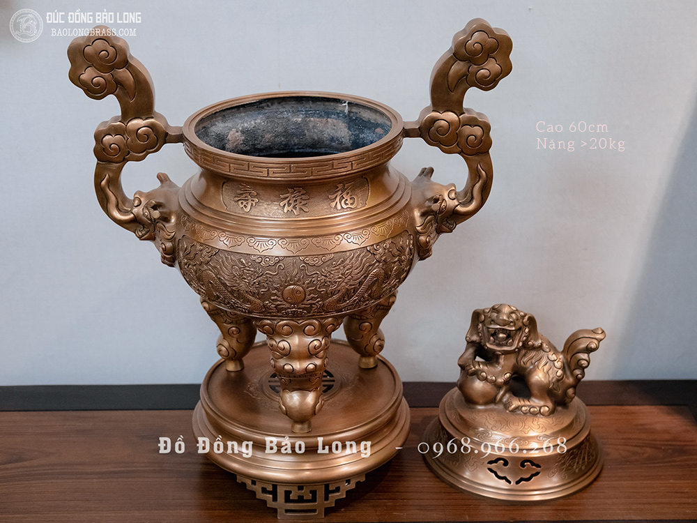 Đỉnh Thờ Bằng Đồng Đỏ Đúc Nổi Rồng Phượng Màu Trầm Cổ Cao 60Cm