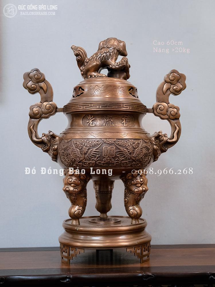 Đỉnh Thờ Bằng Đồng Đỏ Đúc Nổi Rồng Phượng Màu Trầm Cổ Cao 60Cm