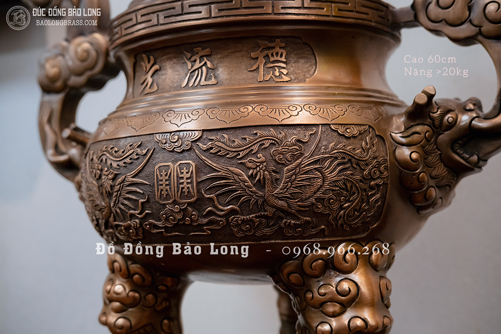 Đỉnh Thờ Bằng Đồng Đỏ Đúc Nổi Rồng Phượng Màu Trầm Cổ Cao 60Cm