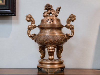 Đỉnh Thờ Bằng Đồng Đỏ Đúc Nổi Rồng Phượng Màu Trầm Cổ Cao 60Cm